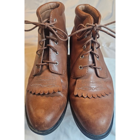 Brown Leather Kiltie Lace Up Ankle Boots Western Low Block Heel Booties - Picture 4 of 16